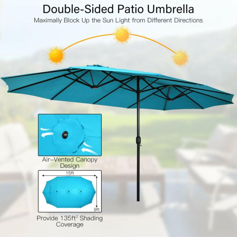 Hivvago Double-Sided Twin Patio Umbrella with Crank and Base