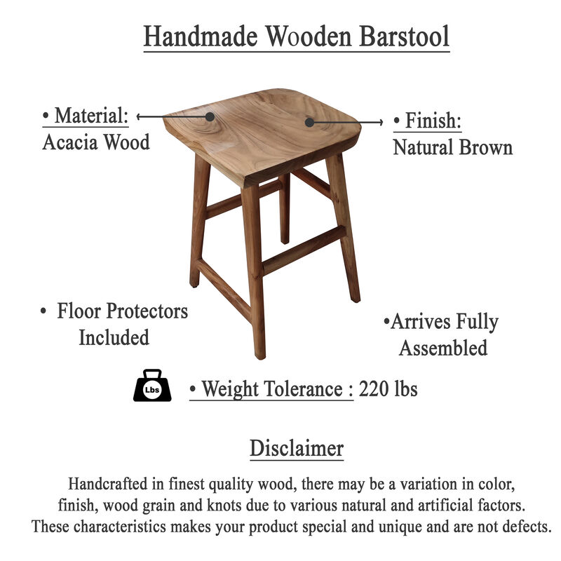Tisa 24 Inch Backless Counter Height Stool, Handcrafted Saddle Seat in Natural Brown Acacia Wood image number 5