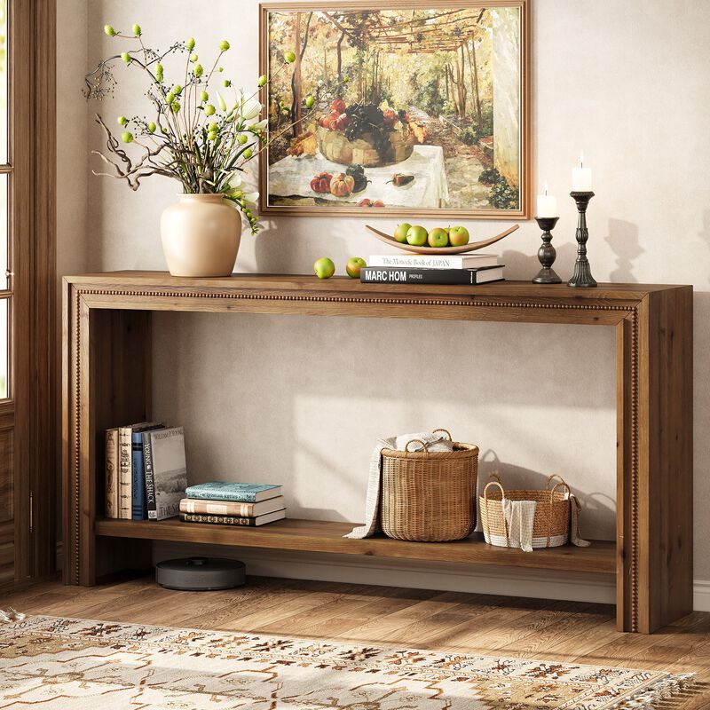 Narrow Solid Wood Entryway Console Table with 2-Tier Storage Shelf-Brown image number 1