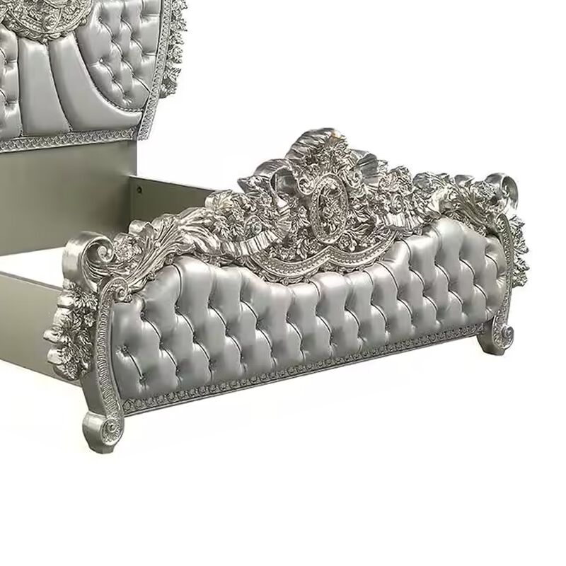 Dove King Bed, Beige Faux Leather Victorian Carved, Champagne Gold - Benzara image number 3
