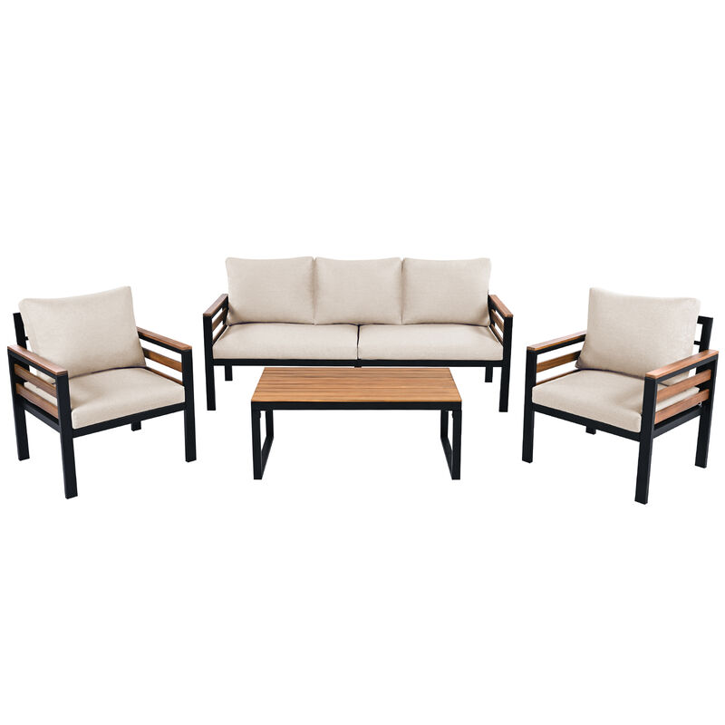 Whisen 4-Piece Outdoor Furniture Sofa Set, Patio Conversation Set with Removable Cushion and Solid Wood Coffee Table image number 0