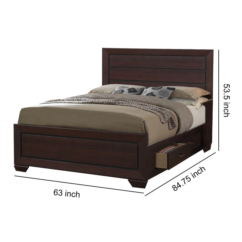 Wooden Queen Size Bed with 4 Spacious Side Rail Drawers, Dark Brown-Benzara