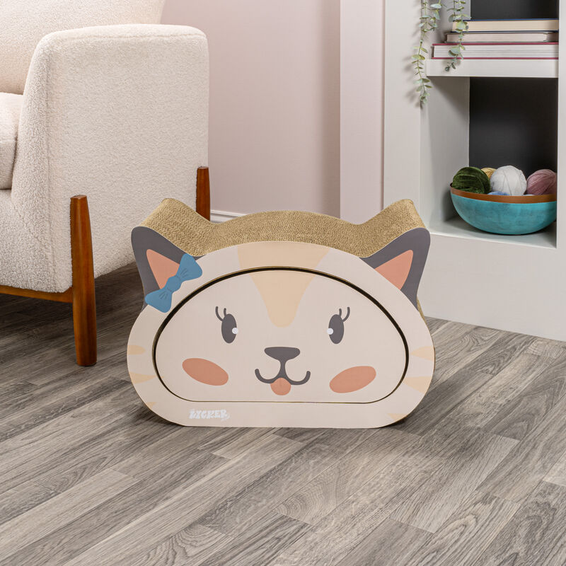 Opal Modern Cardboard Happy Cat Head 2-in-1 Cat Cave Scratcher with Built-In Bell Toys and Catnip