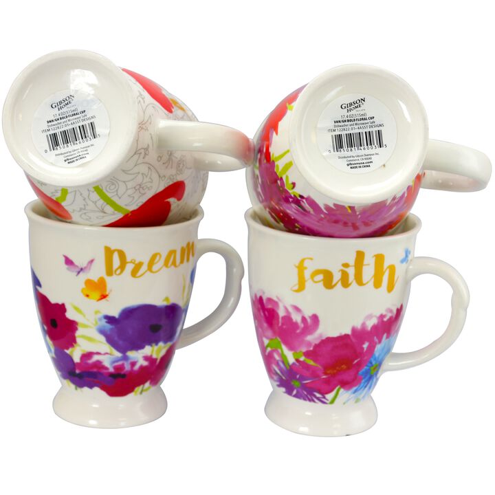 Gibson Home Bold Floral 17.4 oz Cup Set, Set of 4 Assorted Designs