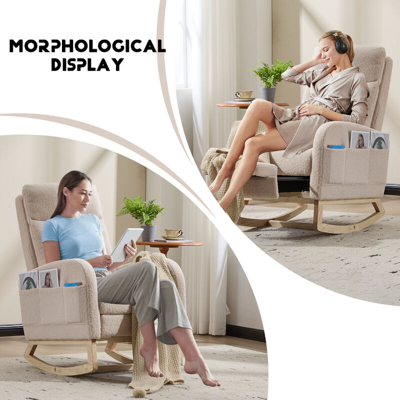 Upholstered Modern Rocking Chair with Solid Wood Legs and Ergonomic High Backrest image number 6