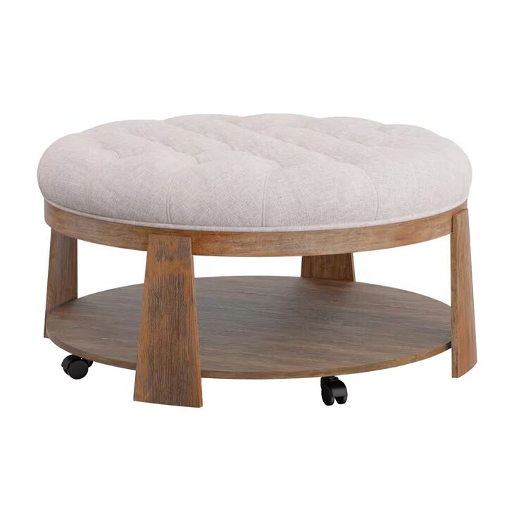 Gus 41 Inch Ottoman Coffee Table, Button Tufted Beige Fabric, Brown Wood - Benzara