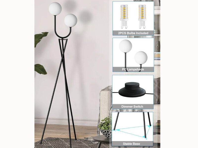 63" Black Tripod Floor Lamp – U-Shaped Vintage Design, 2 Globe 3000K Bulbs