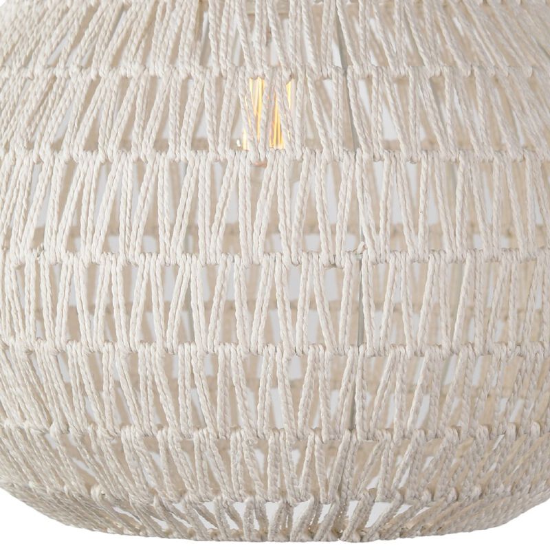 Boney 18 Inch Pendant Light, Woven Rope, Rounded Shape, Iron, White - Benzara