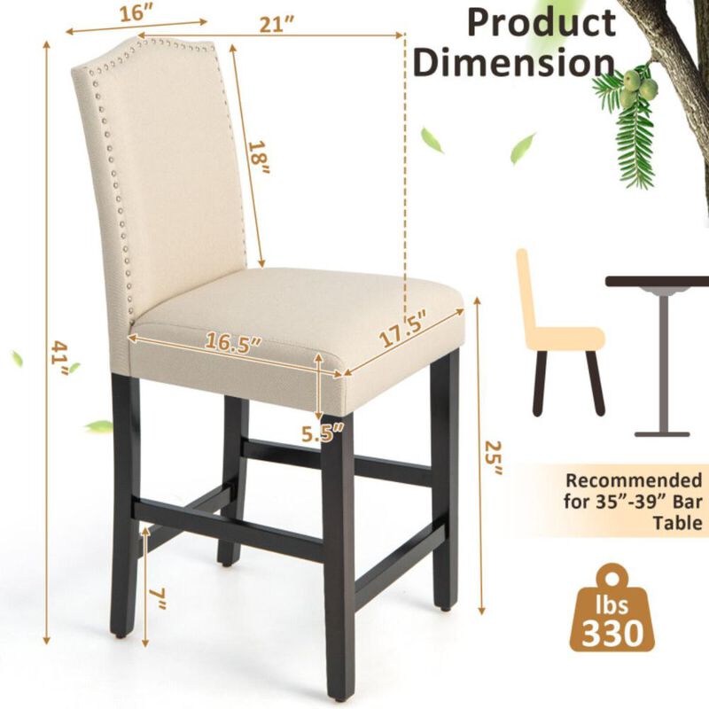 Hivvago 2 Pcs Fabric Nail Head Counter Height Dining Side Chairs Set