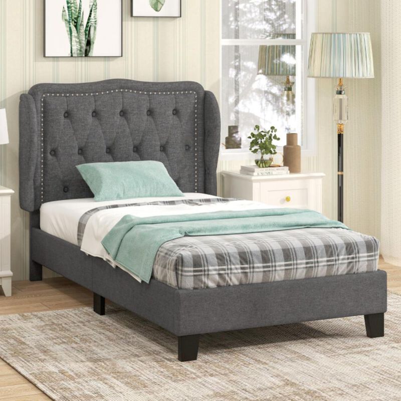 Hivvago Twin Size Bed Frame with Button Tufted Wingback Headboard and Storage Space