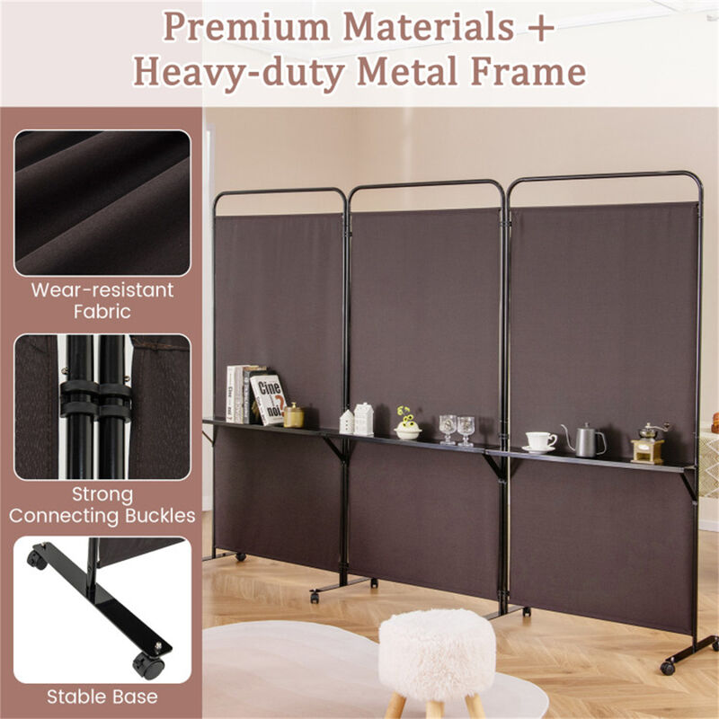Folding Partition with 3 Panels, Lockable Wheels, and 3 Metal Shelves, Room Divider and Storage Solution