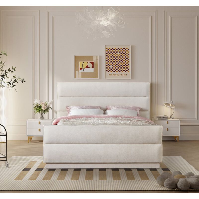 Meridian Furniture Paxton Cream Chenille Fabric Queen Bed