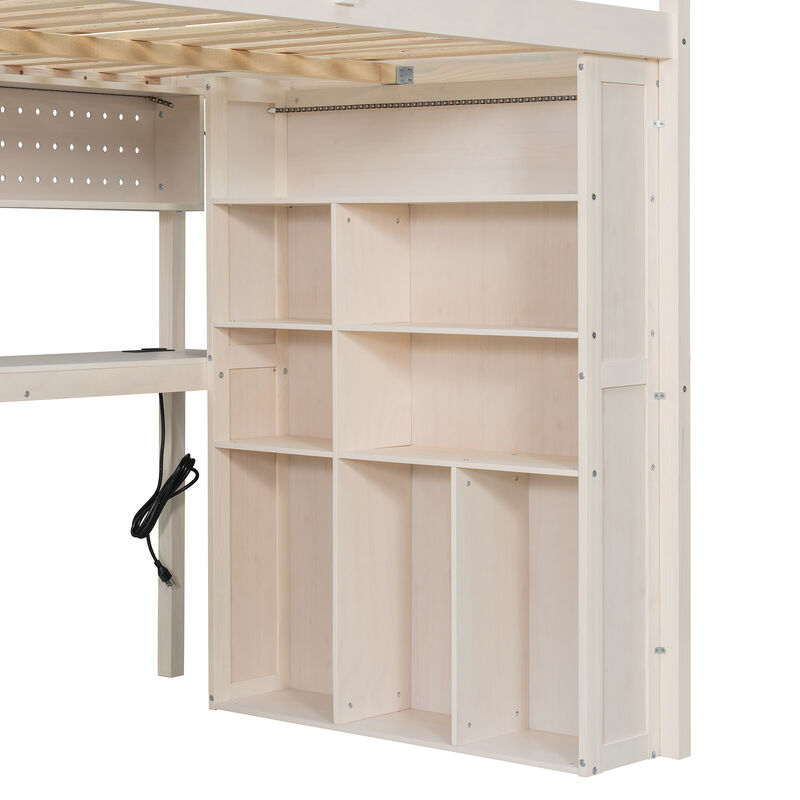 Whisen Full Loft Bed with Wardrobe Desk Shelves, Solid Wood Space-Saving for Bedroom Kids image number 8