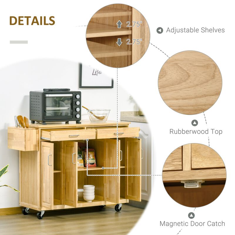 Natural Kitchen Island: 54" Wide Cart with Drawers and Tool Caddy
