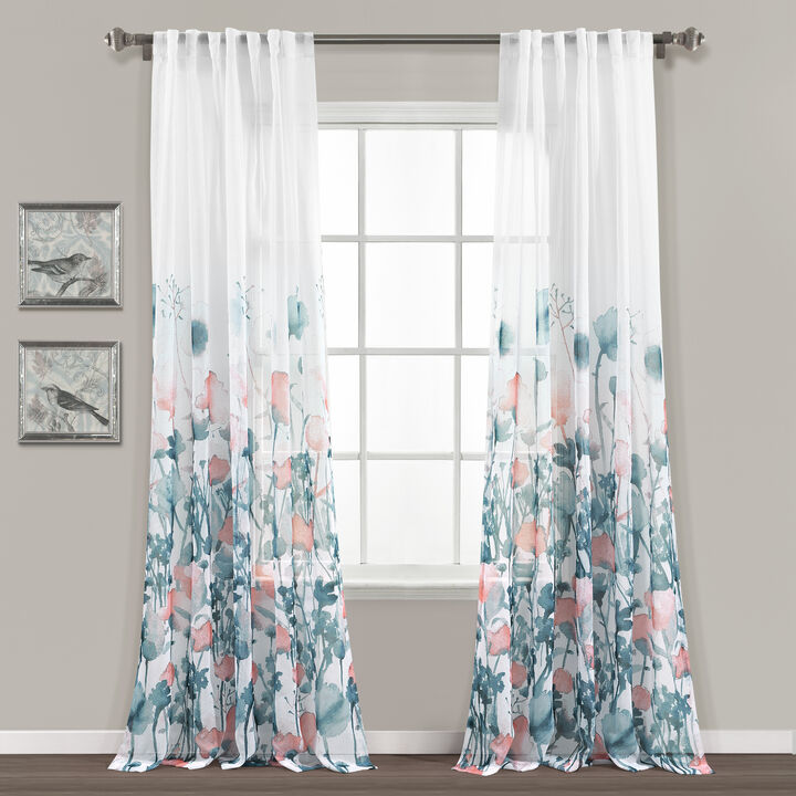 Zuri Flora Sheer Window Curtain Panels Blue/Coral 38X84 Set