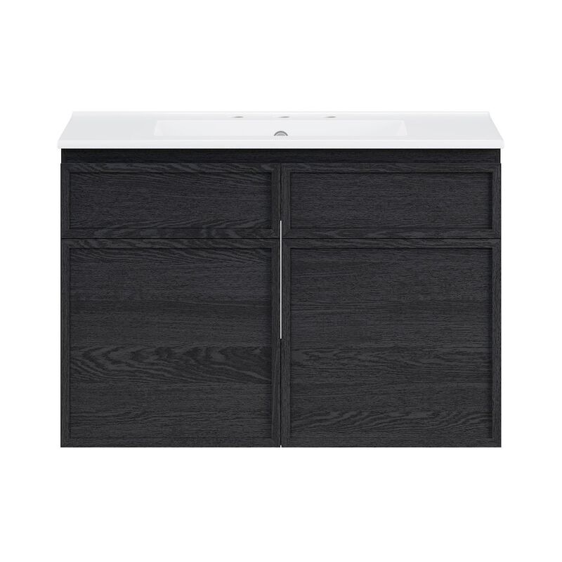 30" Wall-Mounted Bathroom Vanity in Black Oak with 3-Hole Widespread Sink Top image number 0