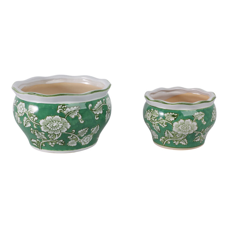S/2 6/8" Floral Chinoiserie Planters, Green image number 0