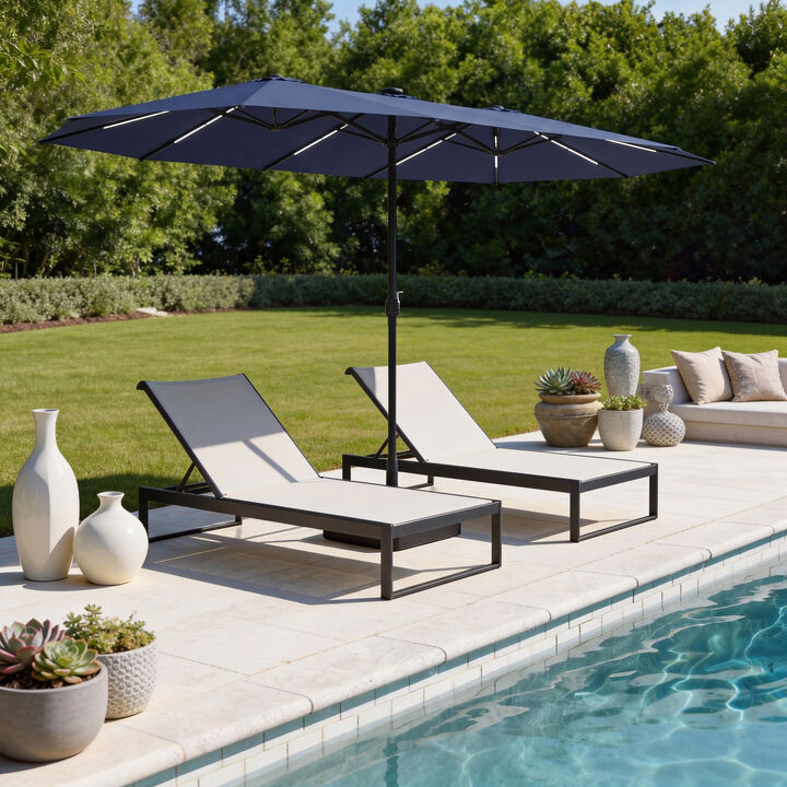 FUFU&GAGA 15-ft x 9-ft Navy Blue Large Outdoor Sunshade Double-Top Patio Umbrella with Solar Panel, Lights & Cross Tile Base, Adjustable Cantilever Umbrella