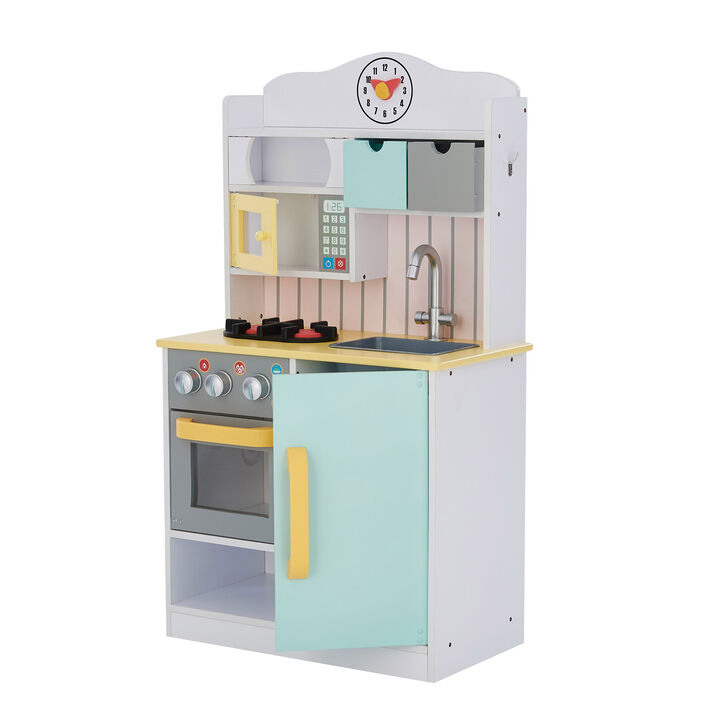 Teamson Kids Little Chef Florence Compact Wooden Play Kitchen with Oven, Microwave, Sink, Half Fridge, Clicking Knobs, Storage, 5 Accessories, Pretend Play Set