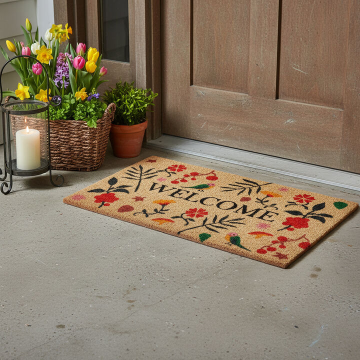 HomeRoots 17" X 29" Brown Red Black And Green Floral Birds Welcome Outdoor Coir Door Mat
