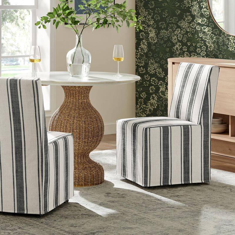 Modway Tessera Upholstered Parsons Dining Room Chair with Removable Black Stripe Striped Slipcover &ndash; Modern Linen-Like Slipcovered Dining Side Chair with Rolling Casters image number 1