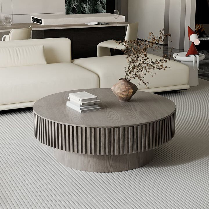 Round coffee table with storage Solid wood veneer and MDF coffee table with fluted base Modern accent coffee table for living room