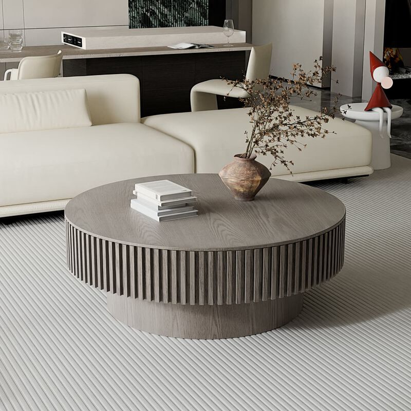 Round coffee table with storage Solid wood veneer and MDF coffee table with fluted base Modern accent coffee table for living room image number 1