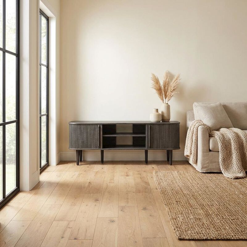 Gray wood TV stand with sleek design and sturdy construction image number 4