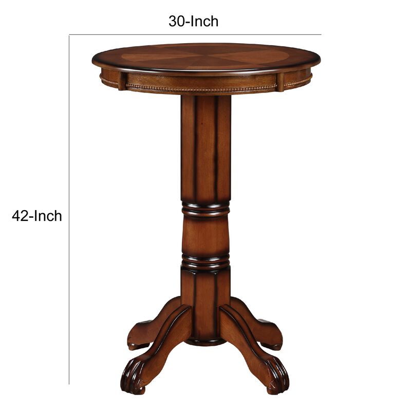 Ava 42 Inch Wood Pub Bar Table, Sunburst Design, Carved Pedestal, Brown-Benzara