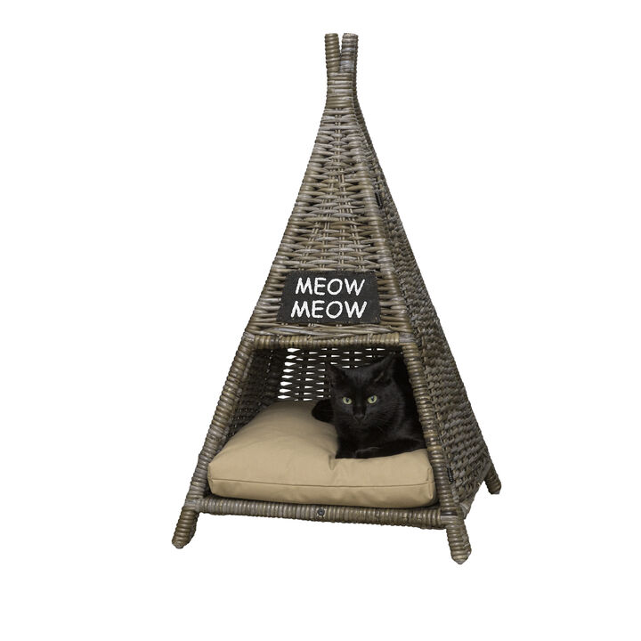 Tiki Tent Coastal Handwoven Rattan Cat Bed with Machine-Washable Cushion