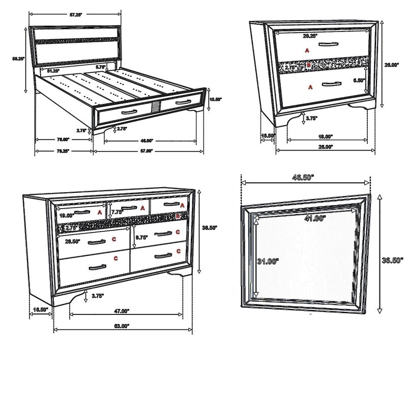 Vino 4pc Full Bedroom Set, Storage Footboard, Black, Glitter Stripes