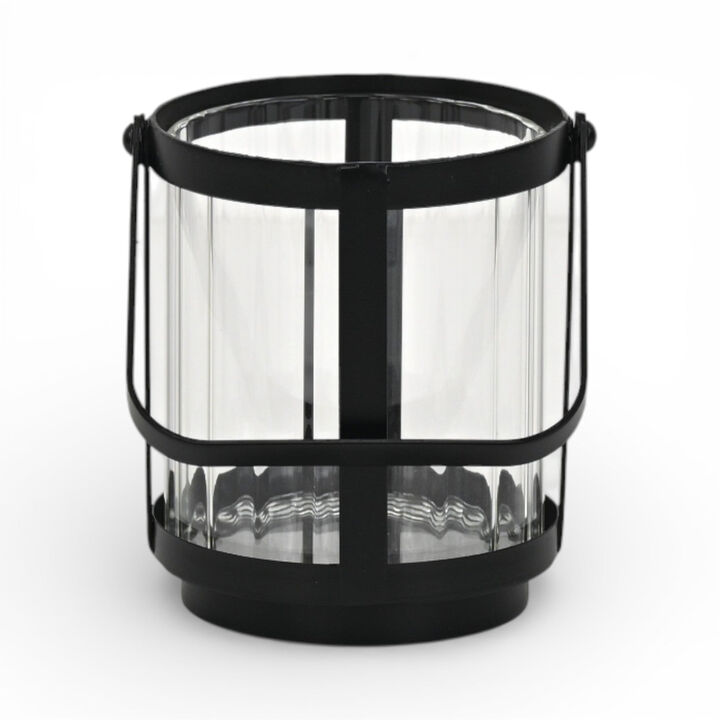 HomeRoots 5" Clear And Black Glass And Metal Tabletop Lantern Candle Holder
