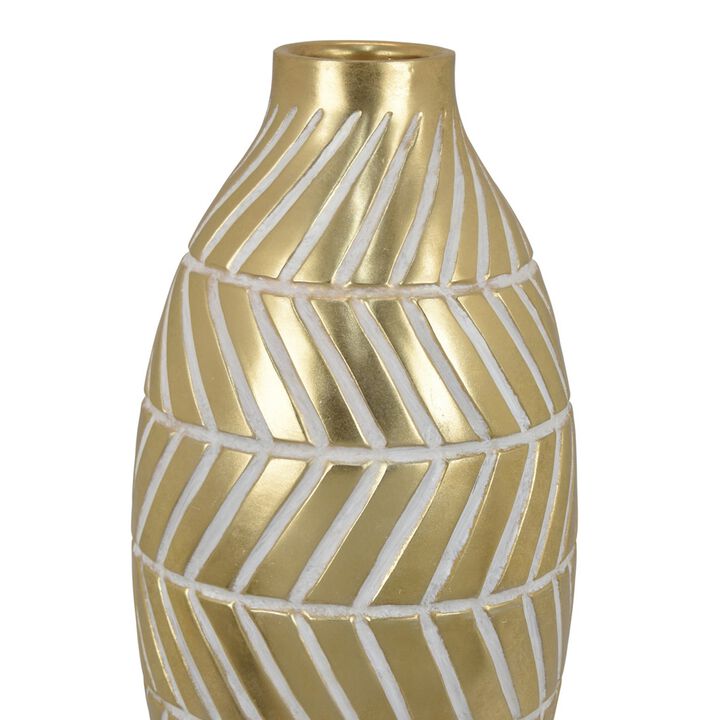 Accent Vase, Gold Resin Urn Shape, Lined Pattern in White, 28 Inch - Benzara