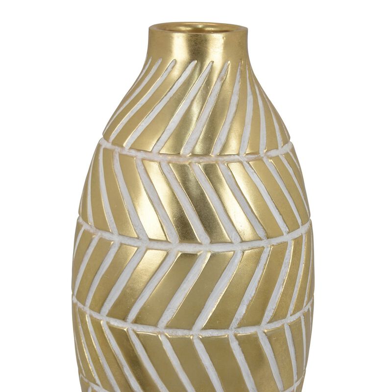 Accent Vase, Gold Resin Urn Shape, Lined Pattern in White, 28 Inch - Benzara