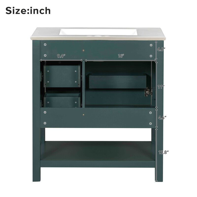 Whisen 30 in. Bathroom Storage Cabinet Bathroom Vanity with Ceramic Sink and 3 Drawers