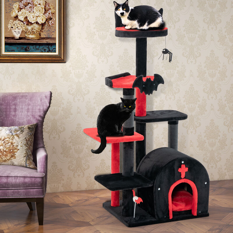 Gothic Cat Tree 53 Inch Tall Cat Tower with Cat Bed and Arch-Shaped Condo