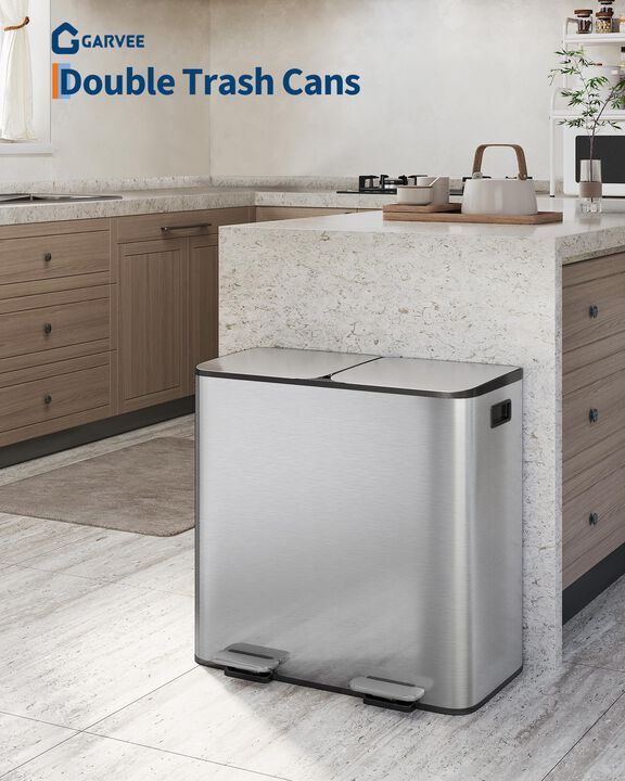 2&times;40L Dual Compartment Steel Step Trash Can, Soft Close Lid, Removable Inner Bucket, Odor Control Fingerprint Proof Recycling Bin