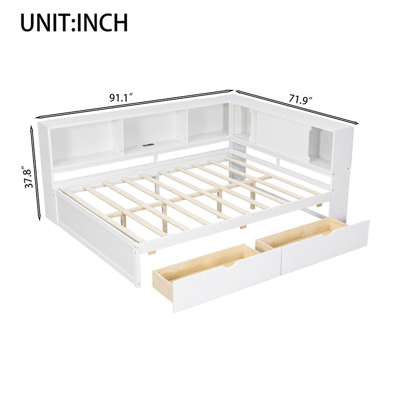 Merax Wooden Queen Daybed with Storage Shelves, LED Light Strip, USB image number 4