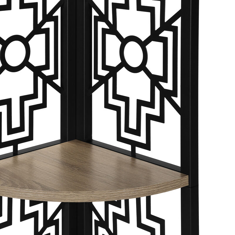 Monarch Specialties I 3621 Bookshelf, Bookcase, Etagere, Corner, 4 Tier, 62"H, Office, Bedroom, Metal, Laminate, Brown, Black, Transitional