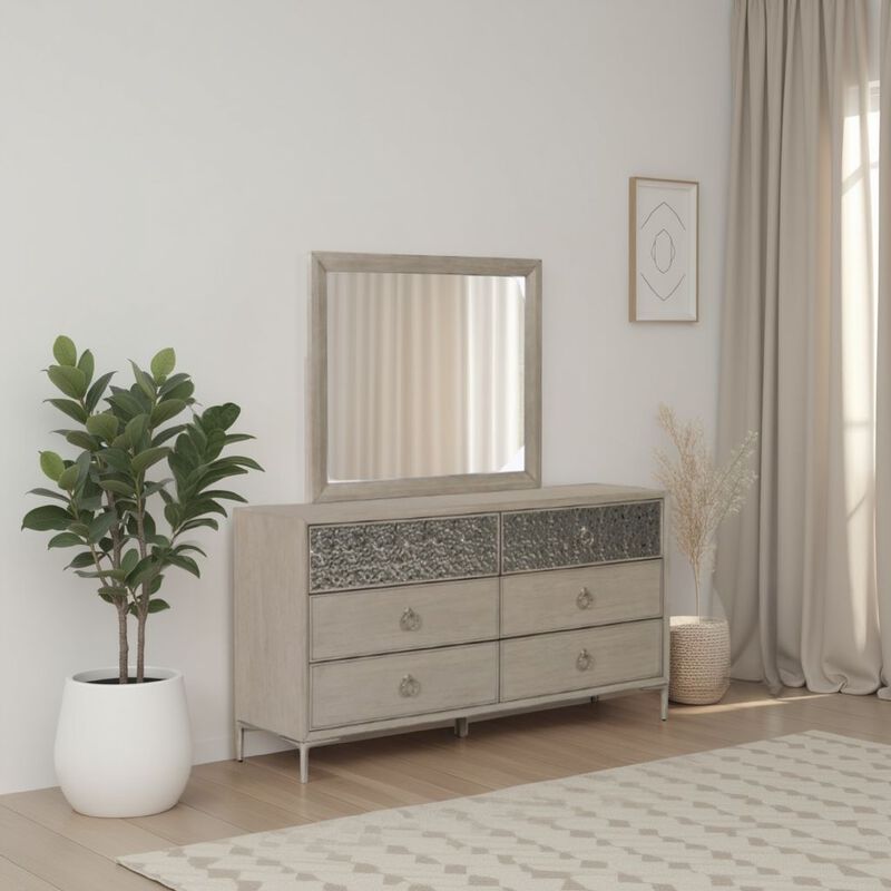 Kaira 66 Inch Dresser, 6 Drawers, Textured Metal, Natural Oak Brown