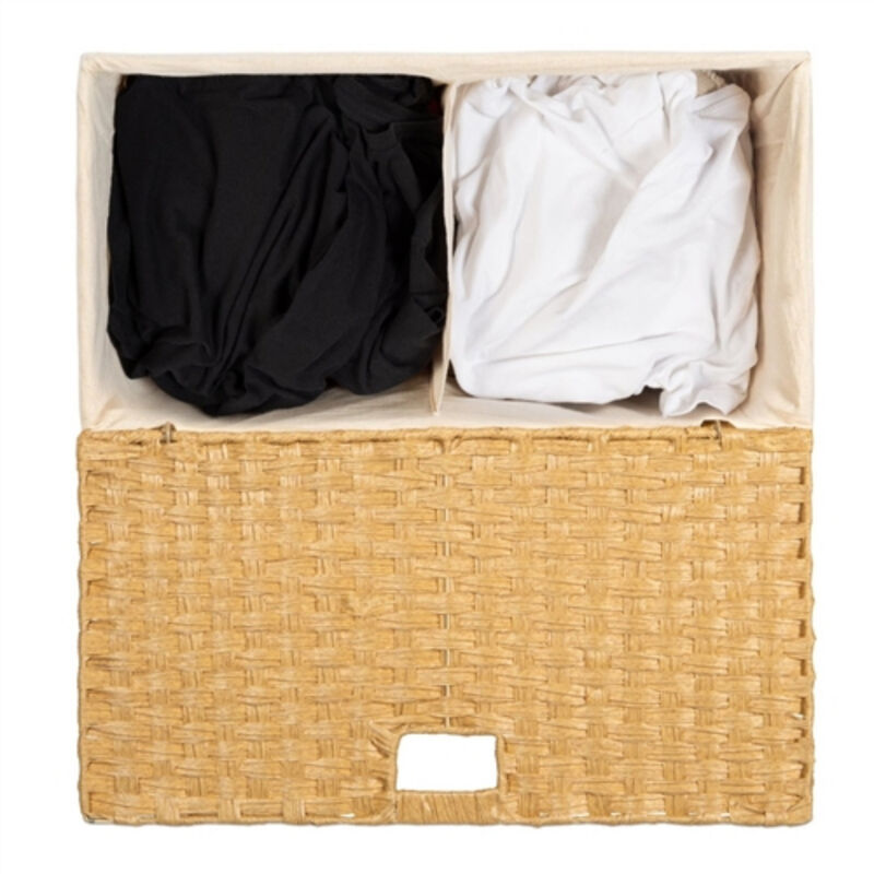 Folding 2-Bin PE Wicker Linen Liner Laundry Hamper with Handles
