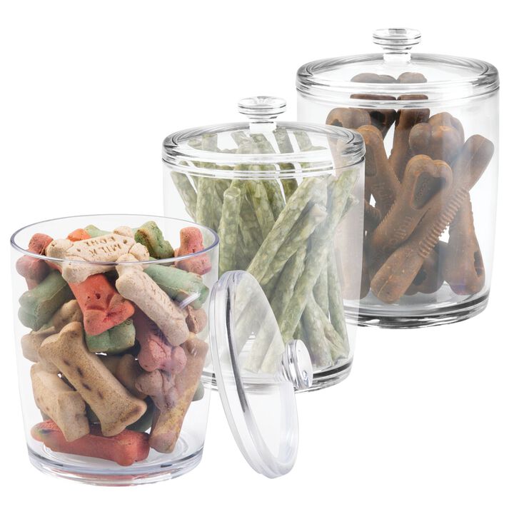 mDesign Tall Round Plastic Dog Food, Treat Storage Canister Jar - 3 Pack - Clear