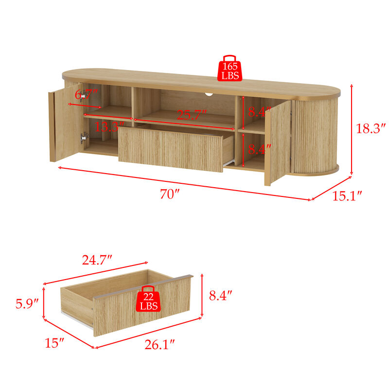FUFU&GAGA Wood Grain TV Cabinet with Gold Trim, Curved Design, Pull-out Drawers, and Ample Storage,(70"W x 15.1"D x 18.3"H), Brown