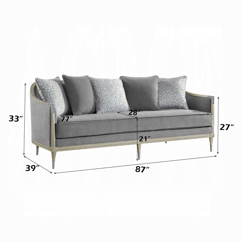 Fero Sofa with 5 Pillows, Gray Chenille, Champagne Wood Trim, 87 Inch image number 5