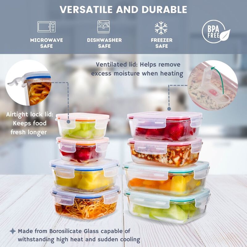 Lexi Home Durable 8 Piece Glass Meal Prep Food Containers with Snap Lock Lids