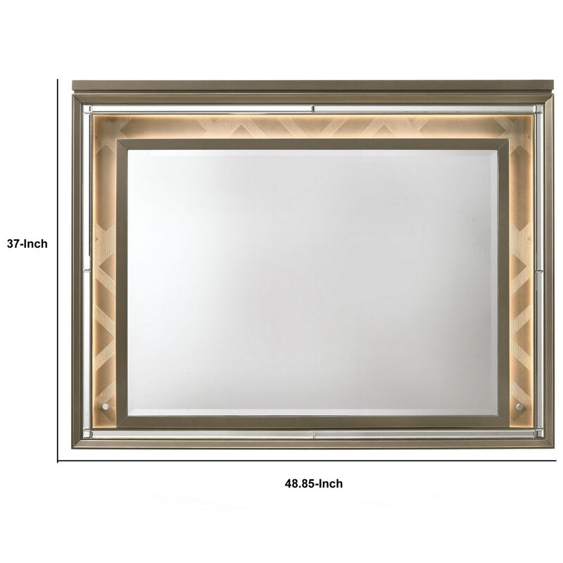 Contemporary Wall Mirror with LED and Accent Details, Gold and Brown-Benzara image number 5
