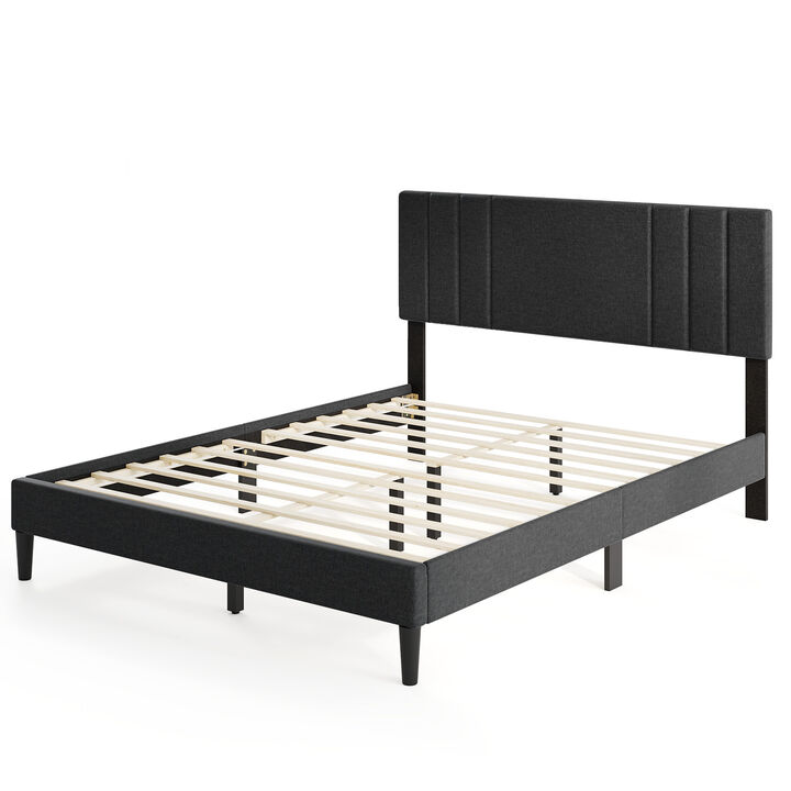 Bed Frame with Vertical Channel Tufted Headboard and Sturdy Wooden Slats