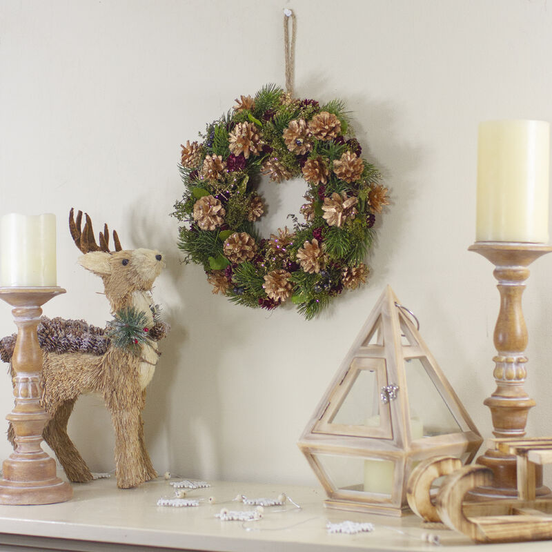 12" Green  Gold  and Red Glitter Pinecones Christmas Wreath image number 1