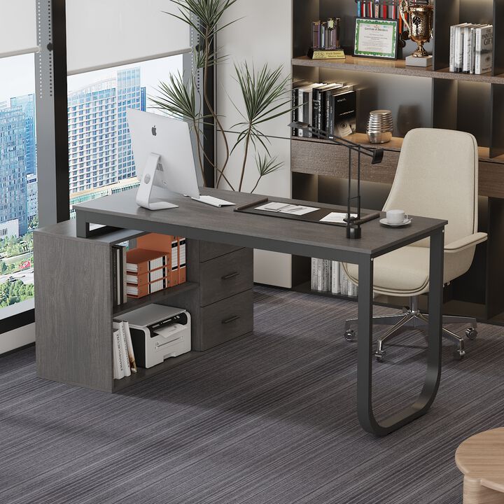 55.1 in. L-Shaped Gray Wood Writing Desk Corner Gaming Desk With 2-Tier Shelves and 3-Drawers Home Office Use