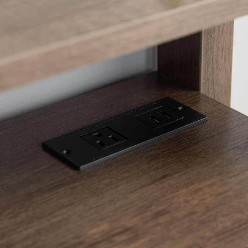 Walnut Oak & Black Home Office Desk with Lifted Shelf and USB/Power Outlet